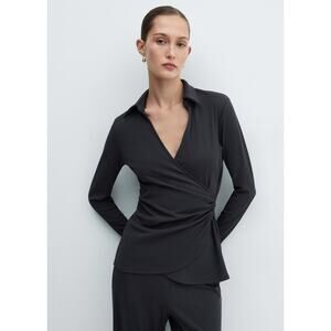 Mango Charcoal Casual Stretch V-neckline Wrap Blouse Long Sleeve NWT XS